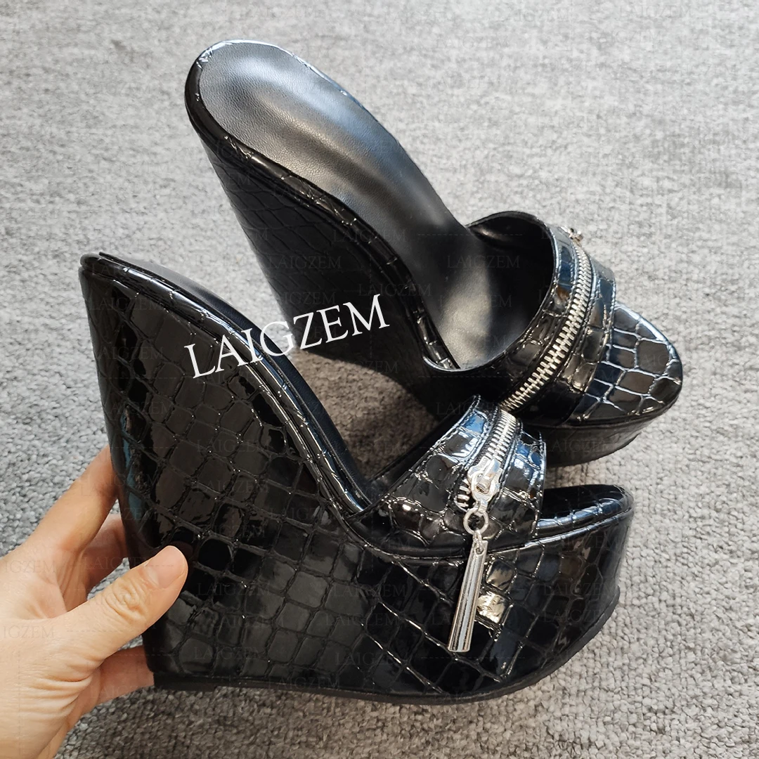 

BERZIMER Women Pumps Platform Wedges Slip On Crocodile Print Sandals Summer Handmade Ladies Shoes Woman Large Size 38 42 44 47