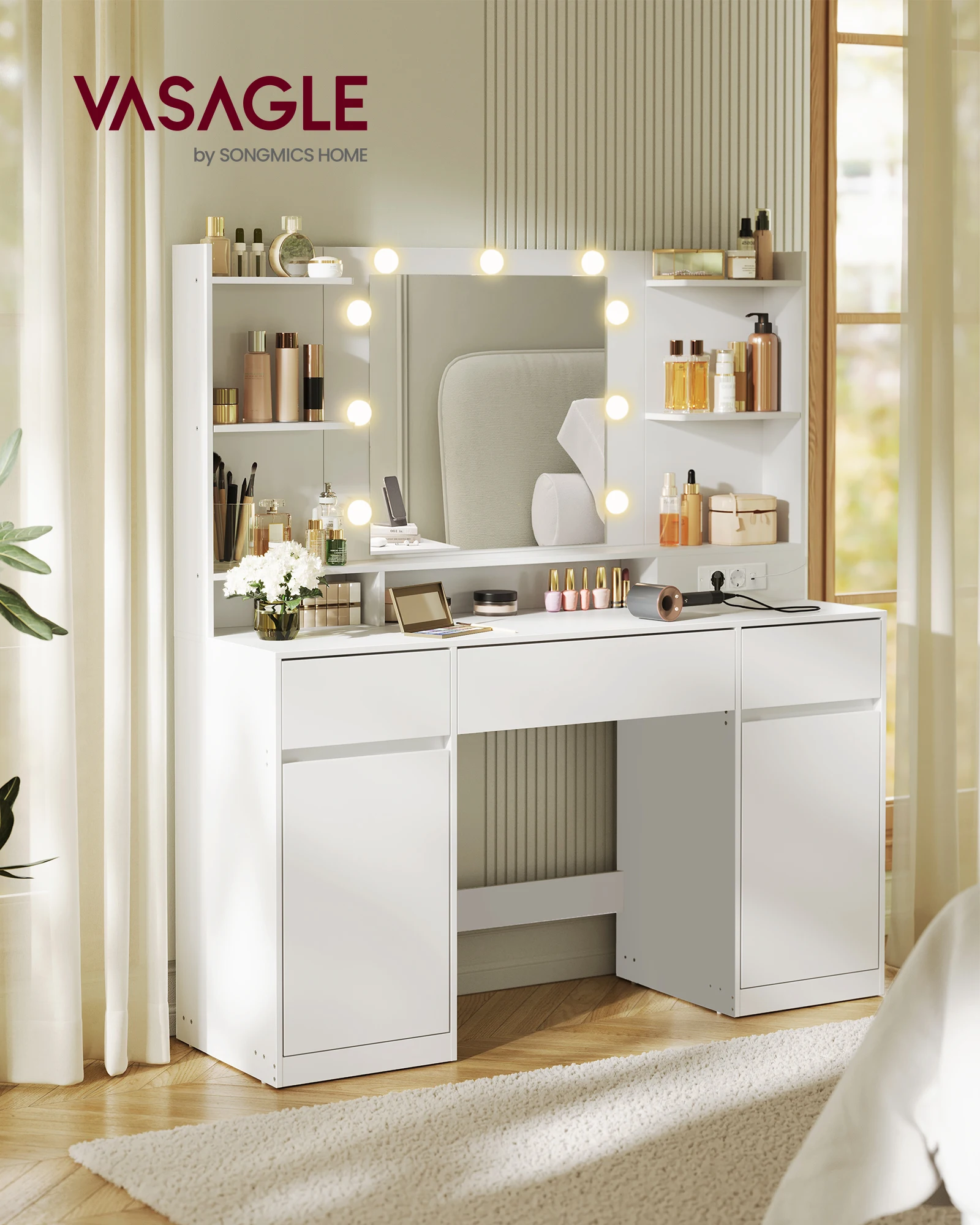 VASAGLE Kailyn Collection - Coiffeuse avec Miroir LED, Multiprise, 2 Placards, 9 Ampoules, Rangement Bijoux, Éclairage 3 Couleurs, Installation des Rails sans Outils, Blanc Nuage