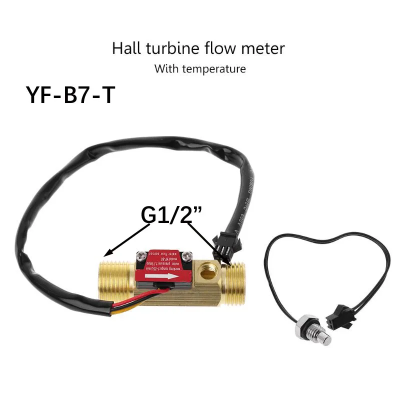 Sensor inline do fluxo da água do efeito hall do leitor de fluxo 5v com temperatura medidor de fluxo us211m lite de b7 digitas e YF-B7-T 2-25l/min