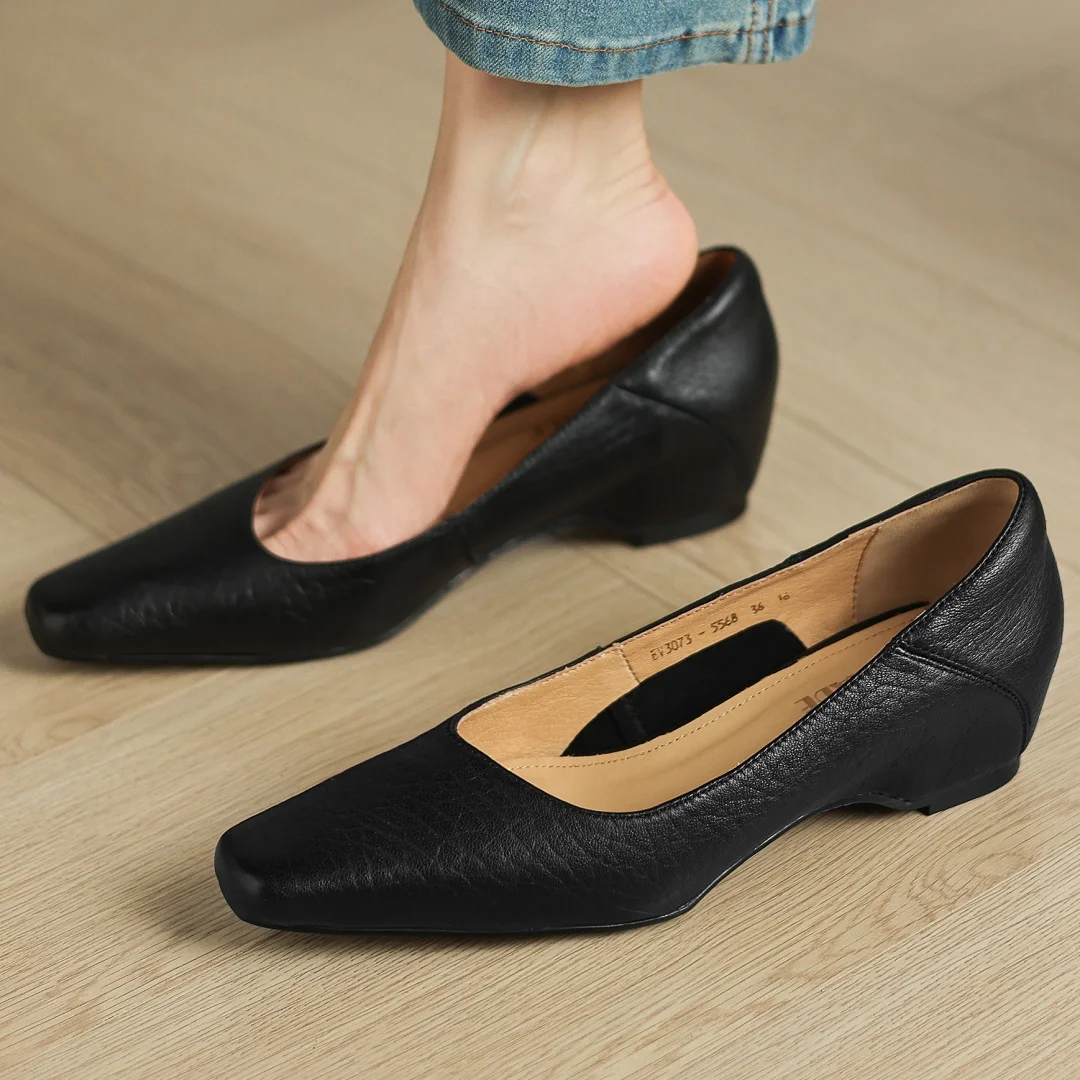 

Flokathy women's women's sheepskin square toe slip-on pumps 5cm wedge med heel elegant ladies OL style daily dress shoes woman