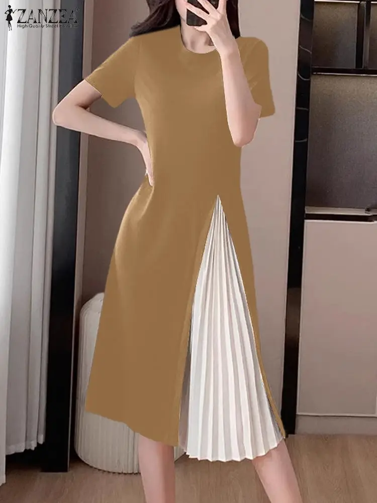 Zanzea 2024 Sommerferien Kurzarm Sommerkleid Frauen Plissee Nähte Midi Kleid koreanische Mode lässig lange Robe Strick Robe