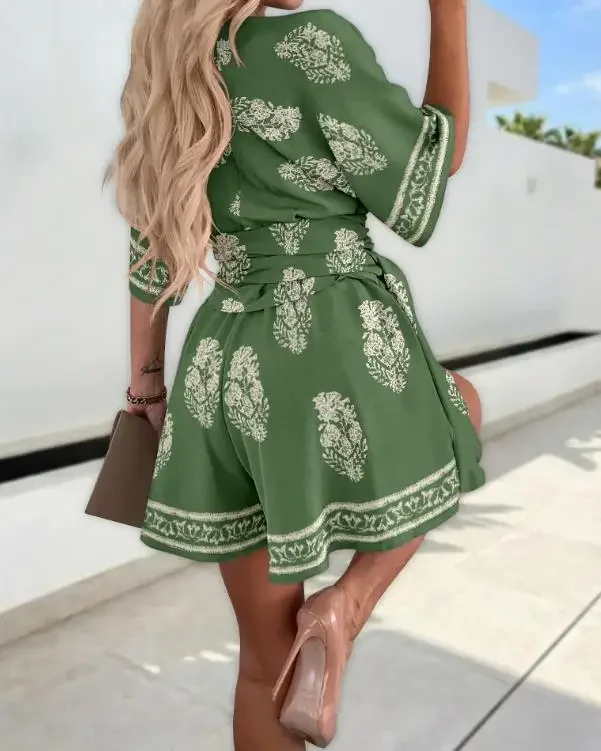 

Women's Vintage Plants Print Overlap Female Daily Clothing New Style Beach Vacation Sexy Deep V-Neck Tie Waist Bohemia Romper