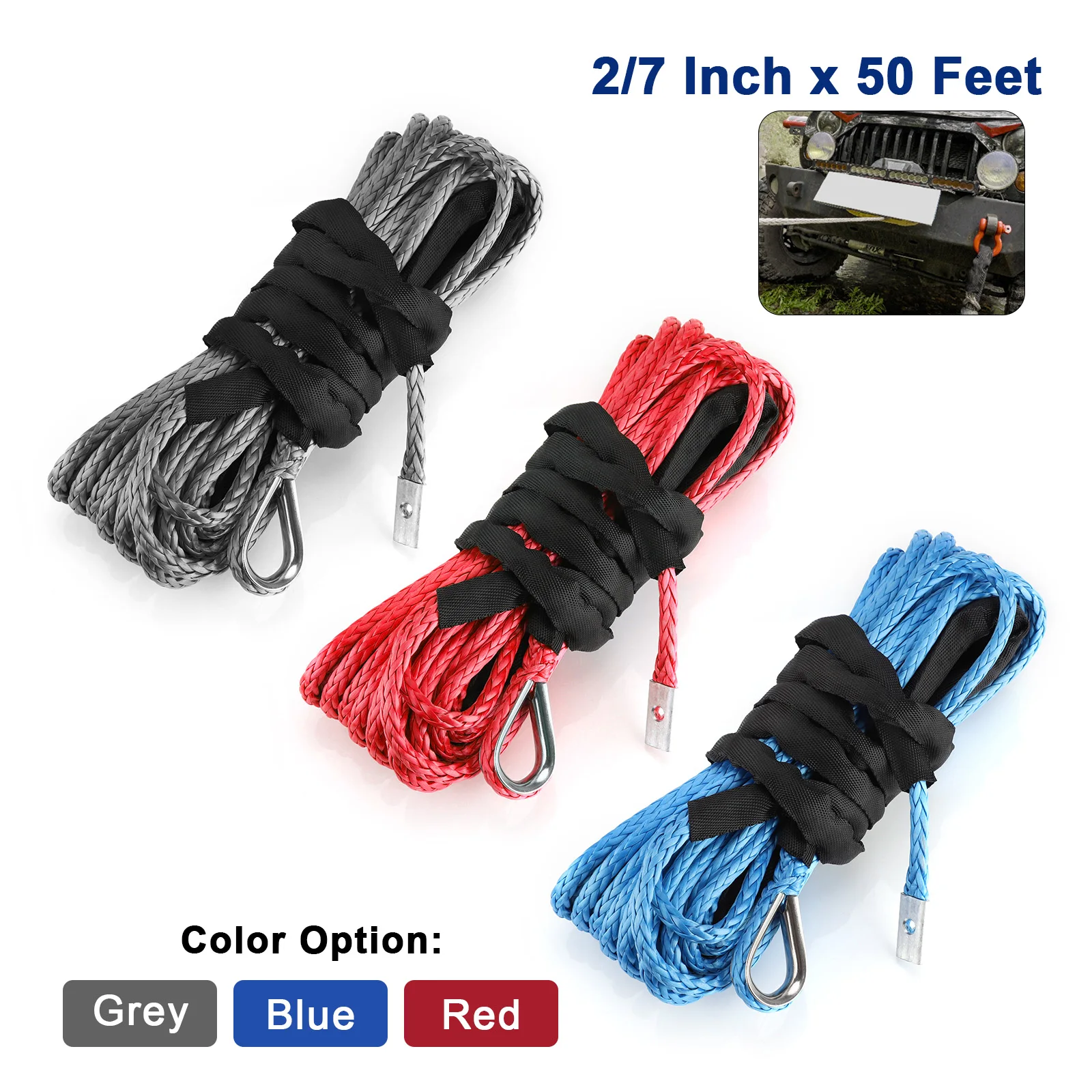 

50-футовый синтетический трос лебедки, прочность разбития троса с защитным рукавом, нейлон для внедорожников с 4WD, Jeep UTV