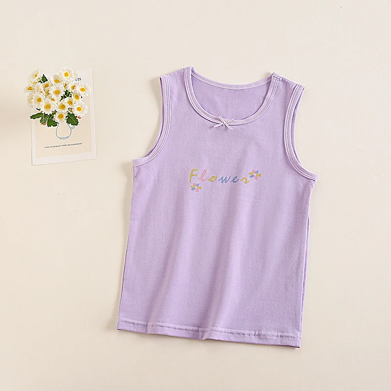 Kids Purple Floral Prints Singlet Shirt Cute Cotton Girl Under Shirt Size 100-150 Girl Breathable Tops Shirt Wear