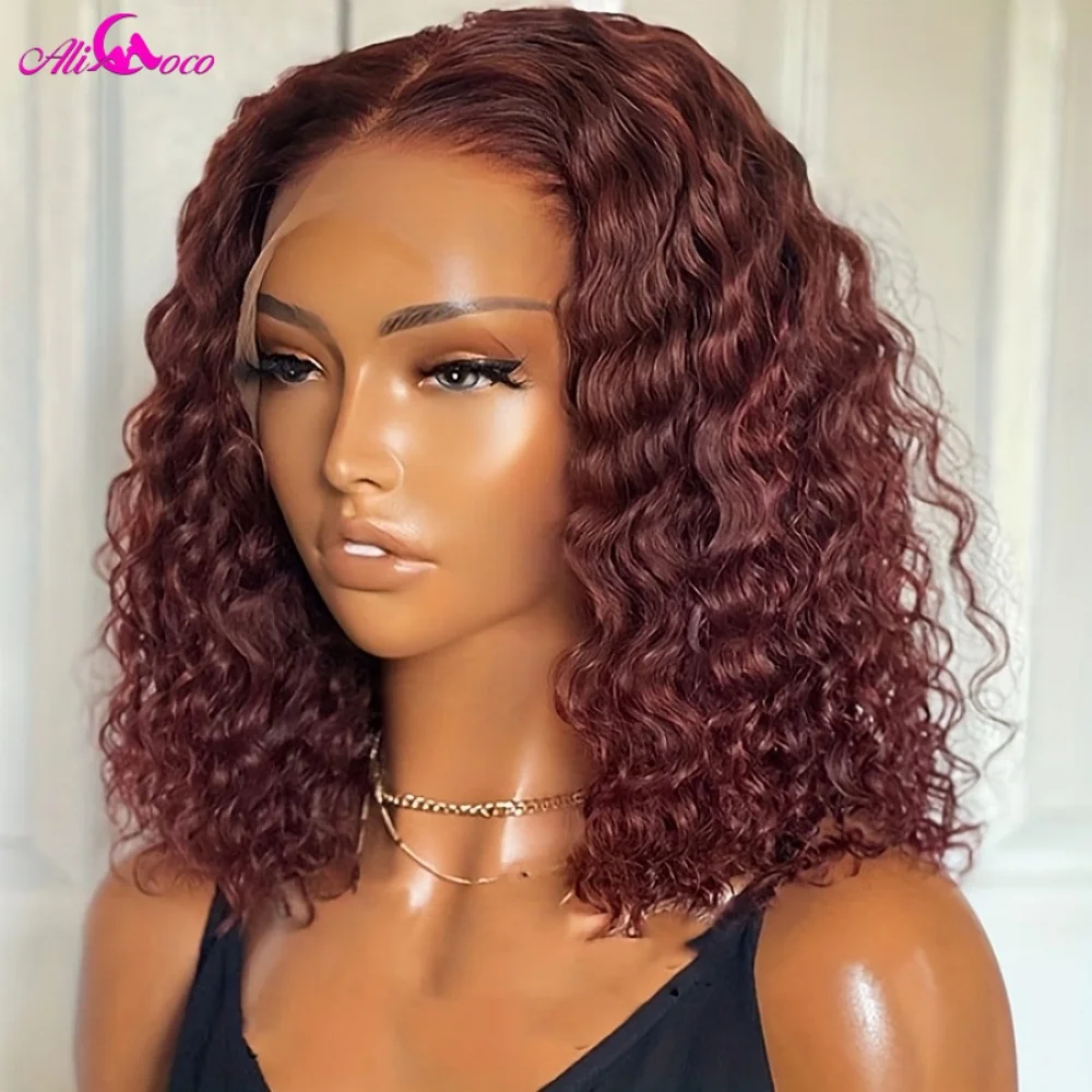 

Reddish Brown Curly Lace Frontal Bob Wigs 13x4 Lace Frontal Human Hair Wig Curly Wave #33 Colored Human Hair Lace Wigs for Women