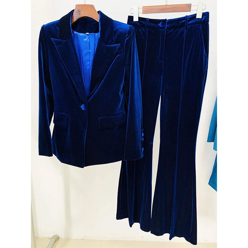 

Velvet Pantsuits Women Blazer Pants Set Green Spring New One Button Jacket + Flare Pants Two Piece Office Female Suit Outfits