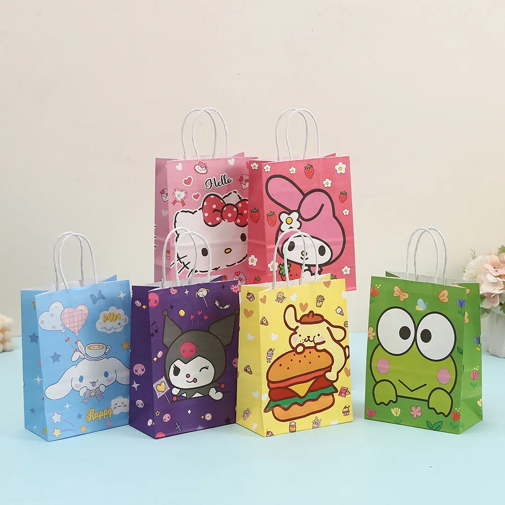 Sanrio Kraft Paper Tote Bags Woman Hello Kitty Cinnamoroll Kuromi Aesthetic Pattern Children's Party Girls Birthday Gift