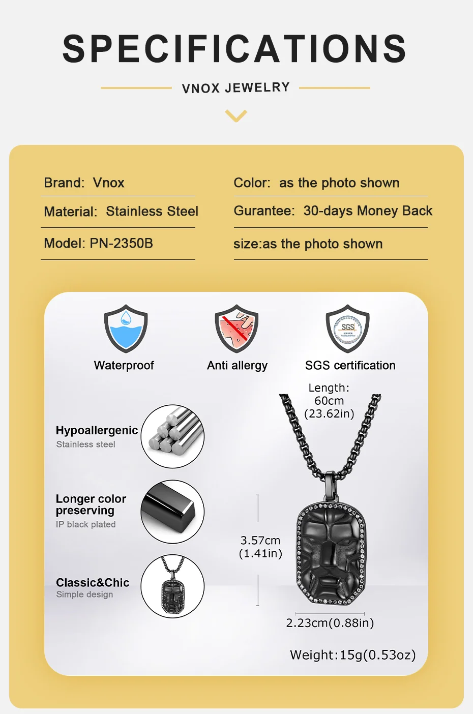 Vnox Herren 3D-Masken-Gesichts-Hundemarken-Halskette, Schwarz-Silberfarbener Edelstahl 60cm Kastenkette Hip-Hop Punk Schmuck Geschenk für Ihn – Detail 4
