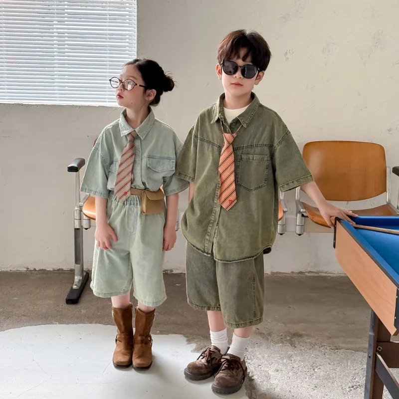 

Kids Set 2025 Summer Boys Girls Denim Shirt Pants Two Piece Set Kids Distressed Casual Set