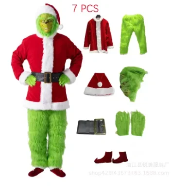 Adult Santa Claus Cosplay Costume Set Christmas Party Prom Role-playing Game Halloween Costume Gloves Mask Green Furry Suit