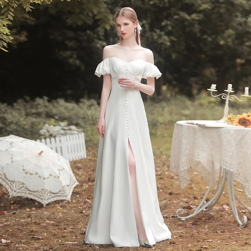 

French Light Wedding Dress for Women Elegant Satin One Shoulder Evening Gowns 2026 New White Slim Fit Split Maxi Dresses