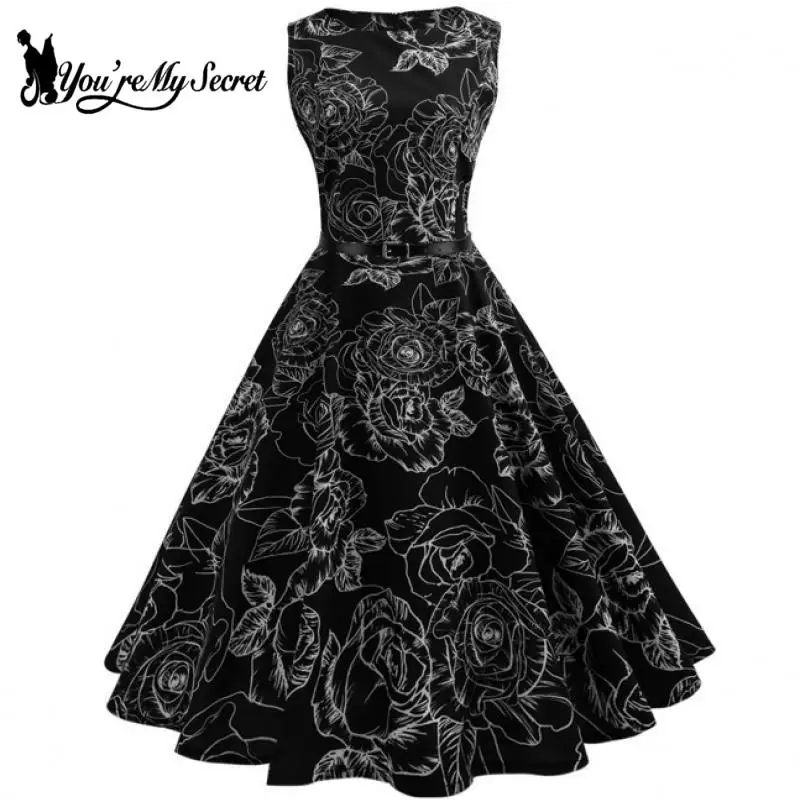 

[You're My Secret] Halloween Dress Women Floral Print Vintage Elegant Party Dress Retro Swing Sleeveless Casual Sundress Summer