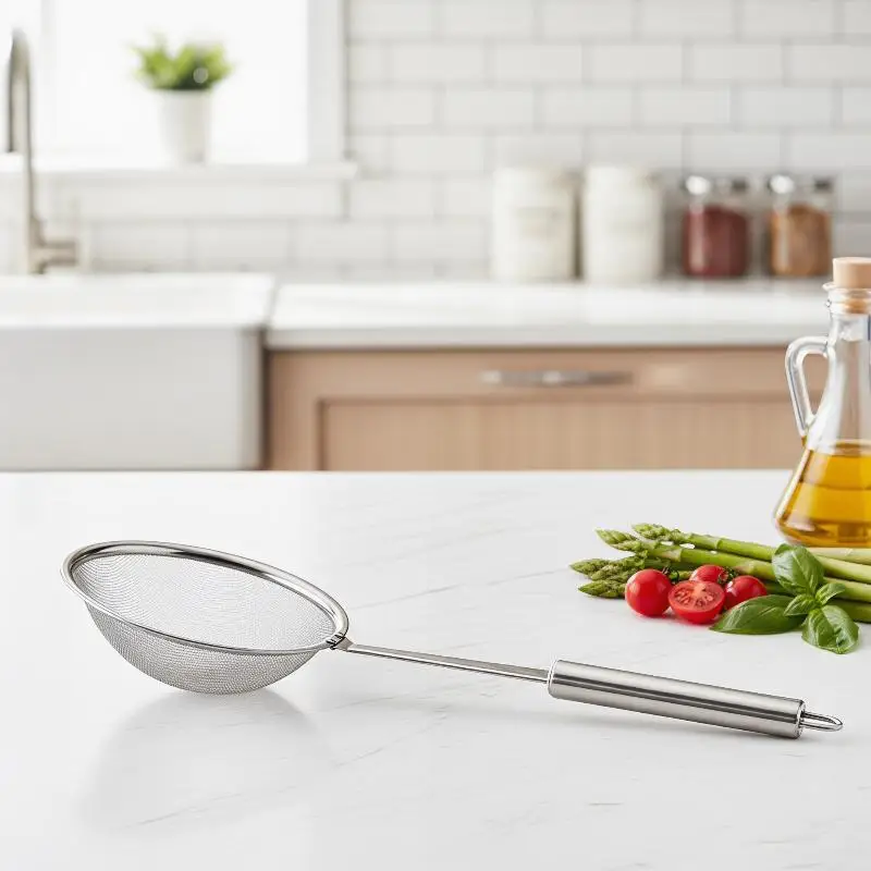 

Stainless Steel Mesh Strainer Flat Skimmer Ladle with Ergonomic Handle for Home Cooks