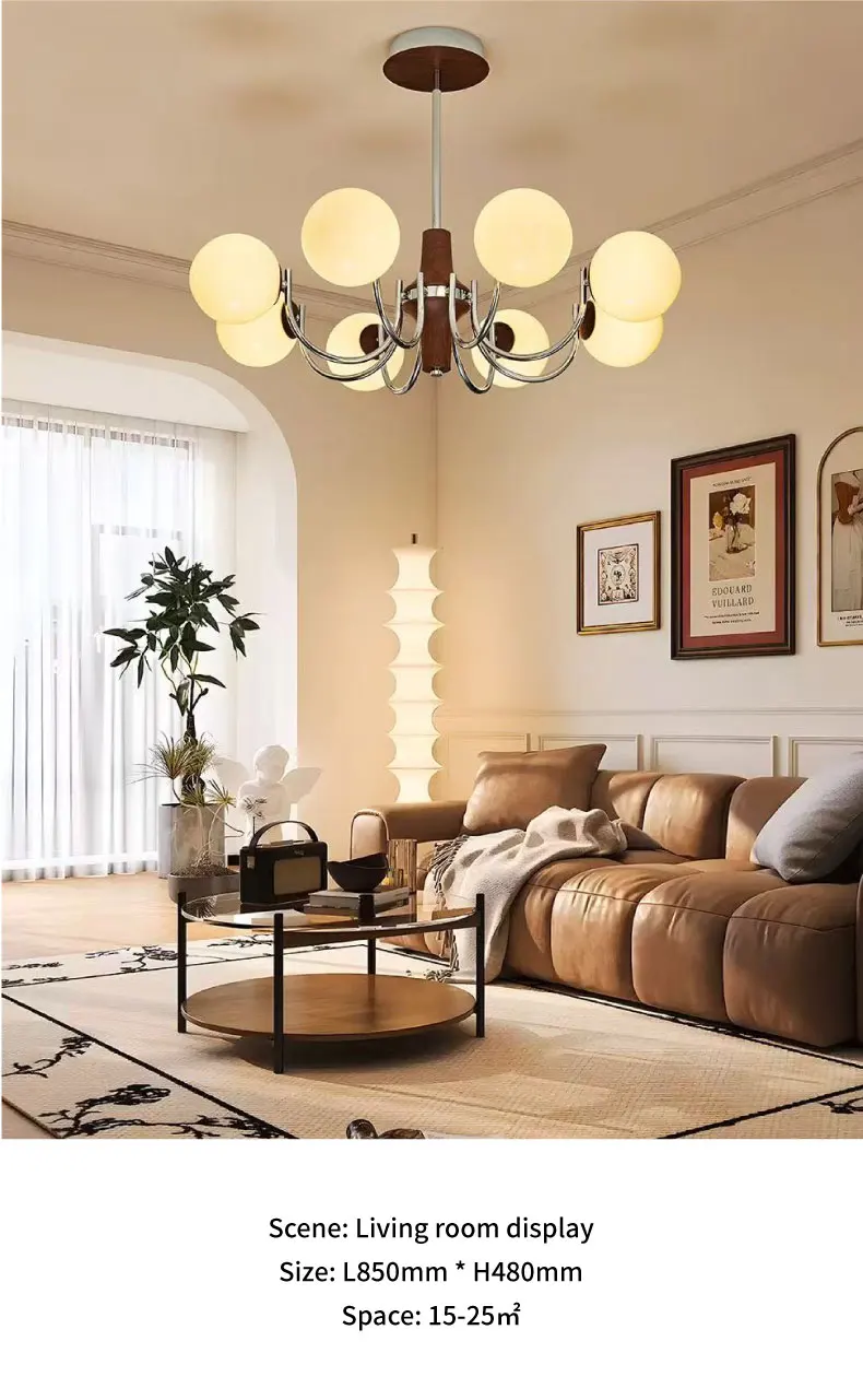 Glass Globe E27 Chandelier Living Room Wood Pendant