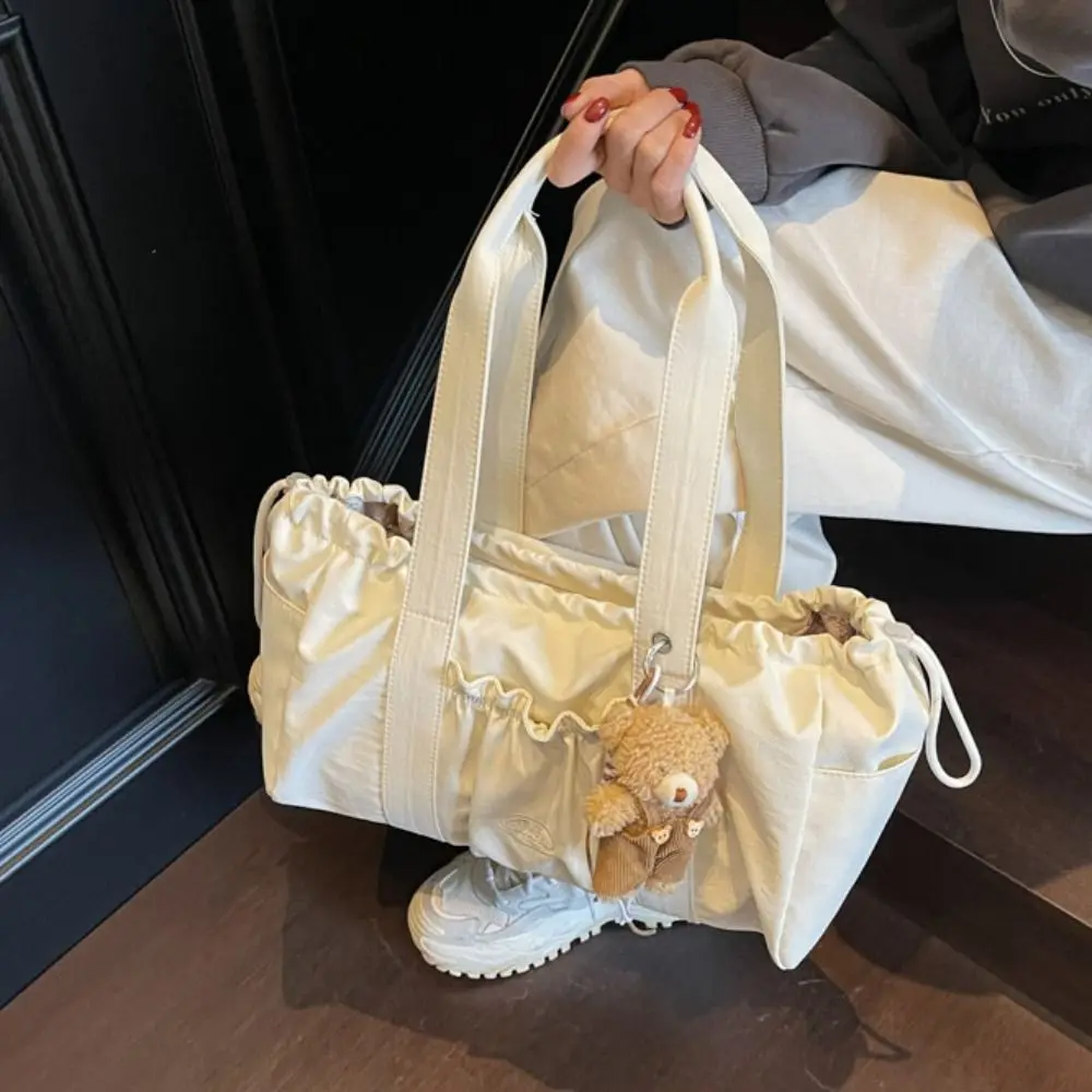 

Sweet Drawstring Tote Bag Pleated Solid Color Nylon Shoulder Bag Minimalist Large Capacity Lightweight Handbag Outdoor