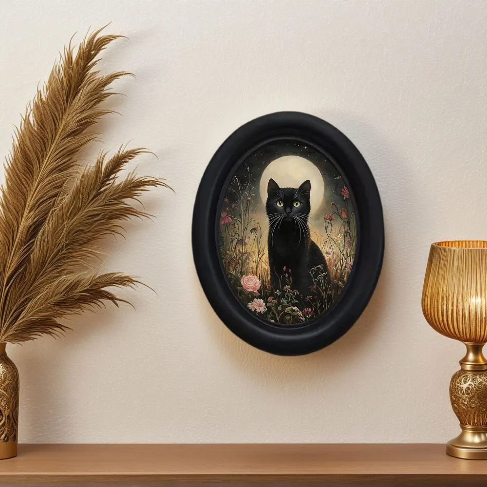 1 Piece Gothic Victorian Retro Moon Black Cat in Flowers Oval 3D Wall Art, Handmade Photo Transfer Three-Dimensional Wall Decoration Hanging Sign, Dark Ghost Room Wall Decor, Universal Holiday Atmosphere Wall Hanging for Halloween, Christmas, Thanksgiving