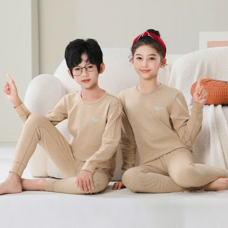 【LF】Kids Teenager Pajamas Set 100-180cm Dralon Boys Girls Pinstriped Long Sleeve Loungewear Set for Autumn Winter