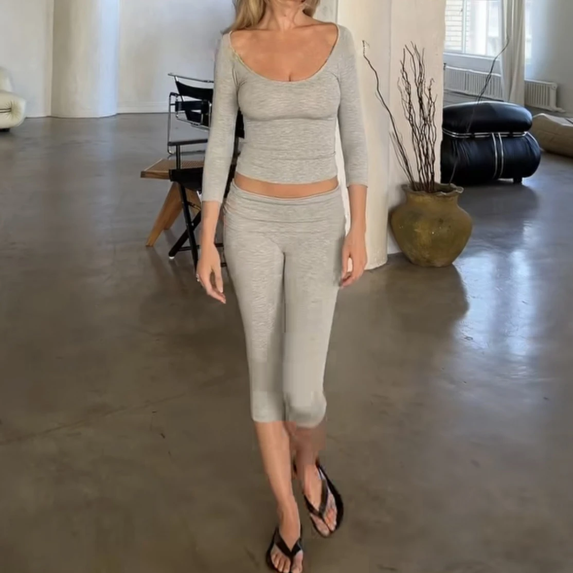 CS-B Women U Square Neck 3/4 Sleeve Crop Top Fold Waist Capri Leggings Slim Solid Color Casual Yoga Workout Streetwear