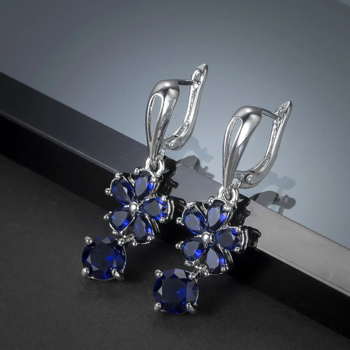 SODROV Korean Fashion Blue Zircon Jewelry Romantic Flower Shape Drop Earrings for Women