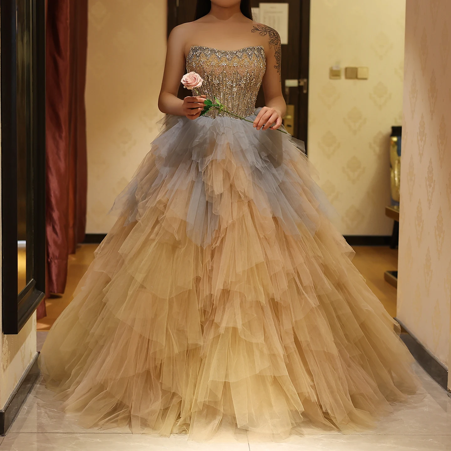 

Sharon Said Luxury Rose Gold Ruffles Princess Ball Gown Evening Dress for Women Wedding Engagement Party Dress SS731 Customized