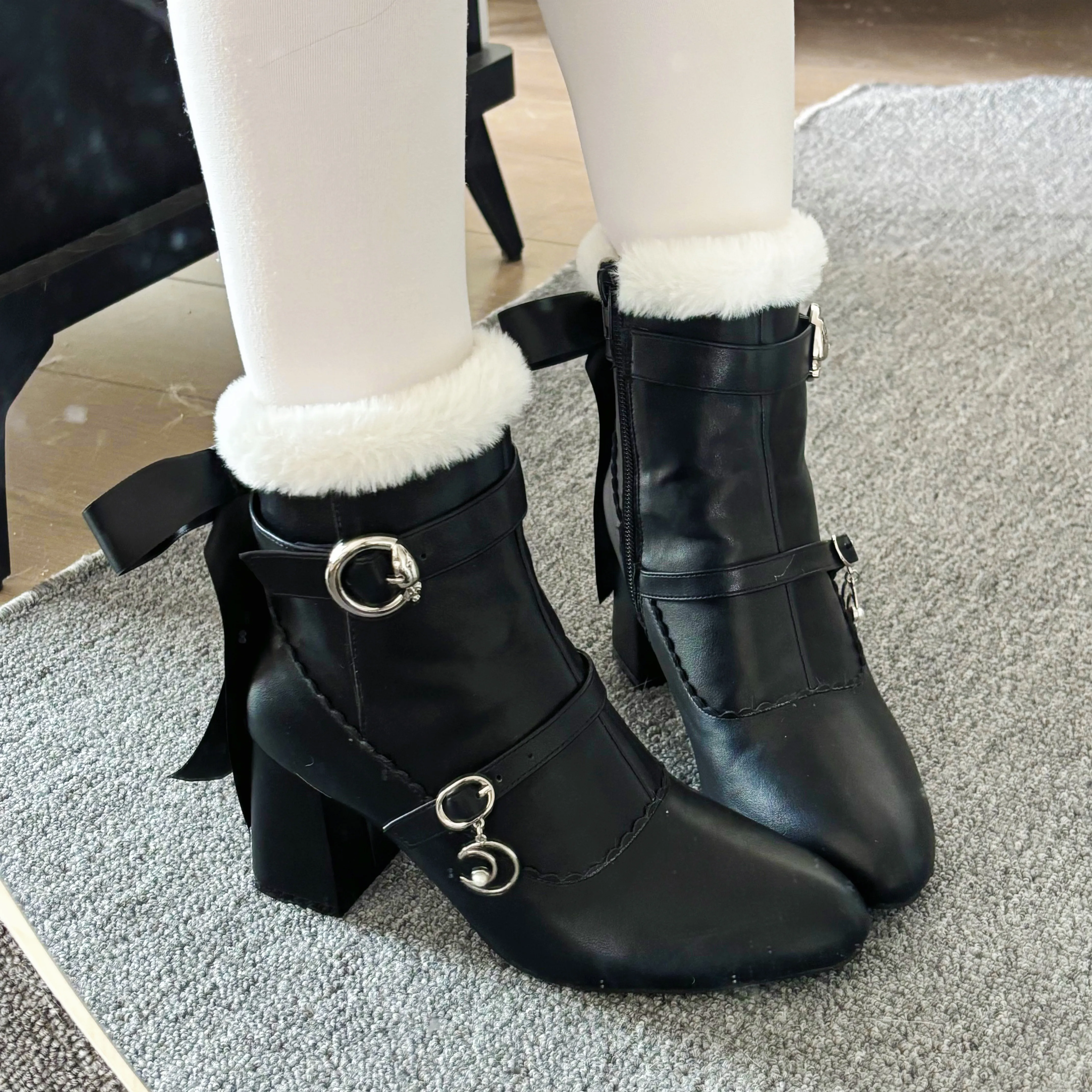 Elegant Lolita Snow Boots for Women Autumn and Winter New Fashion Chunky Heel Shoes Sweet Girl Fleece-Lined Short Boots