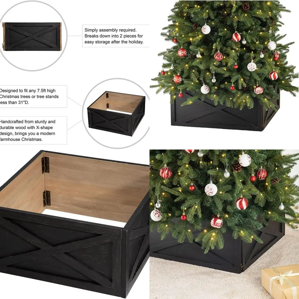 

7.5ft Artificial Tree Skirt, 22 Washed Black Wooden Base Cover for Christmas Trees
