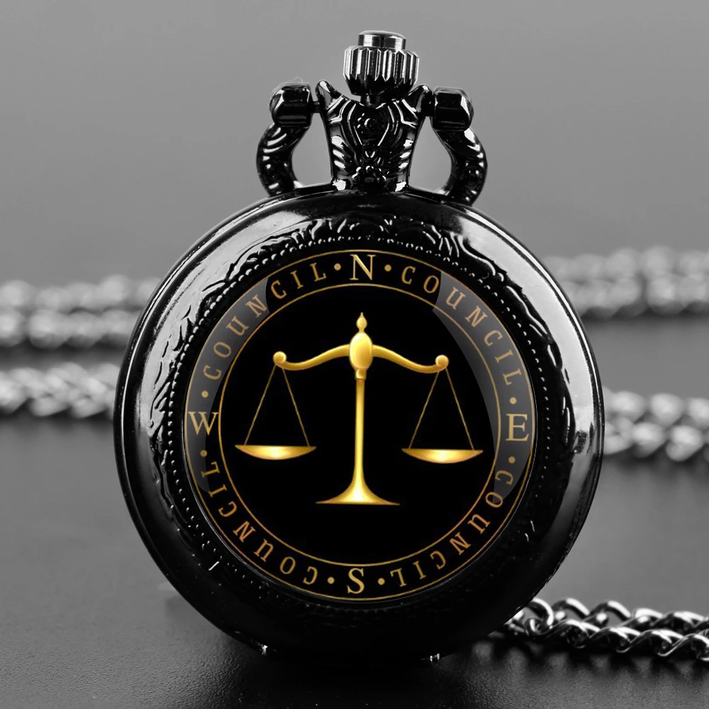 

Luxury Golden Scales of Justice Pocket Watch, Timing Chronograph Pendant Necklace Jewelry for Men Women, Lawyer Gift Retro Clock