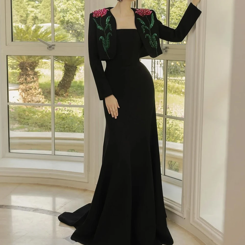 

Customized Mermaid Evening Dresses Floor-length Square Collar Full Sleeve Prom Gown Fashion Crystal Flowers Draped Party Gown