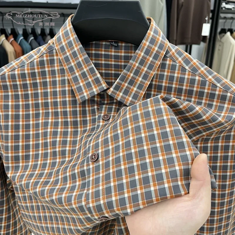 LIBIELIY 50-100KG Men's Autumn Checkered Long Sleeved Shirt Men's Middle-aged Fashion Inch Shirt Business Casual Shirt