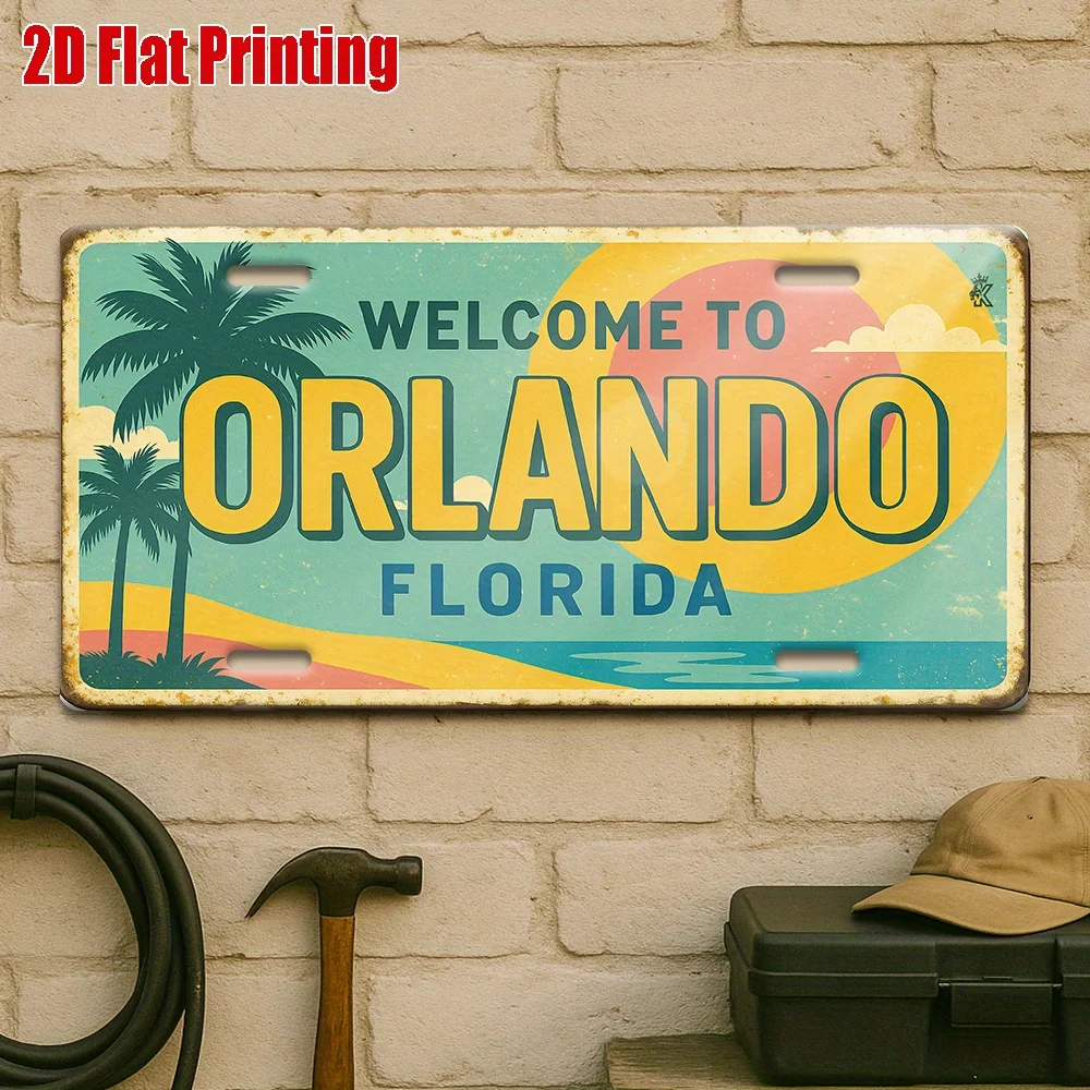 مسطح ثنائي الأبعاد، لوحة ترخيص ألومنيوم قديمة واحدة - مرحبًا بكم في مشهد غروب الشمس أورلاندو فلوريدا، مناسب لغرف الألعاب، ومنازل العطلات
