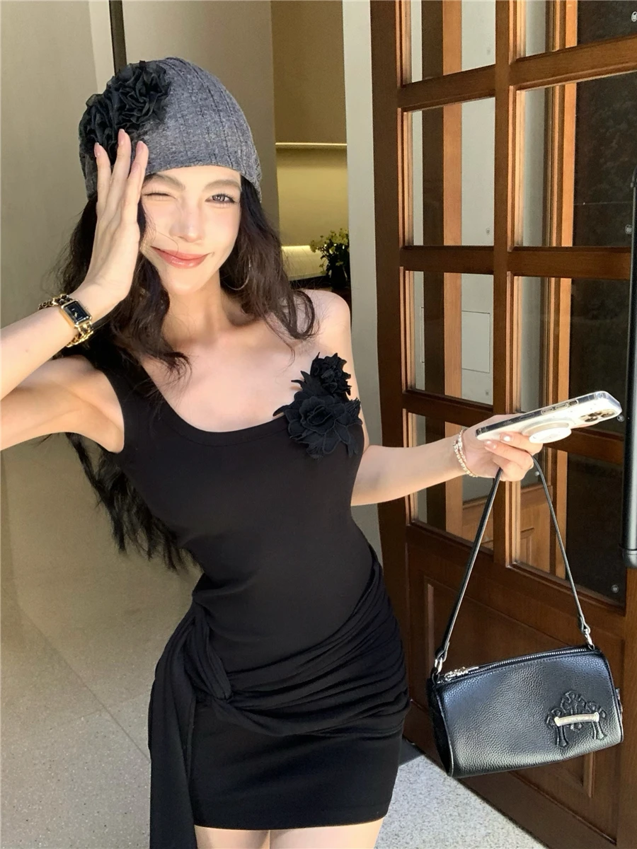 

Черное облегающее платье с 3D цветочным дизайном, без бретелек, весеннее, модное, женское, с поясом на талии, короткое, сексуальное