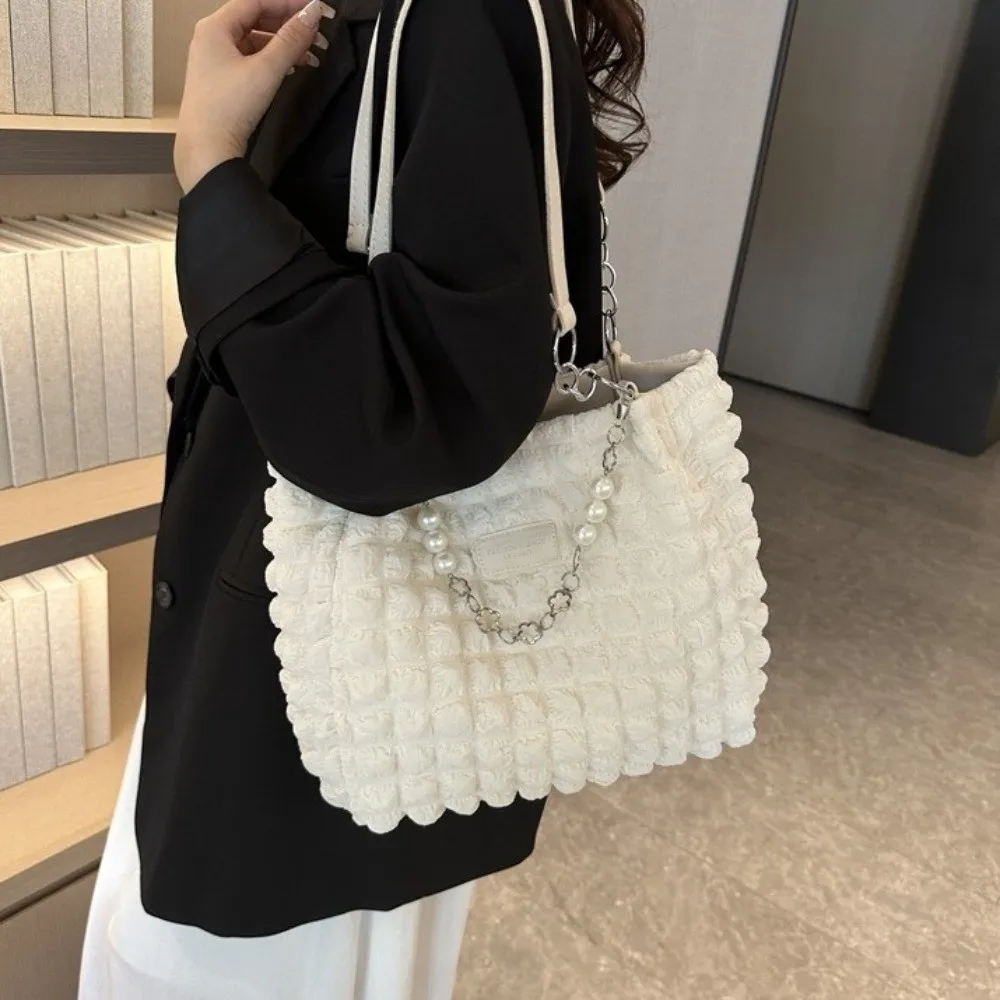 

Casual Beaded Pleated Tote Bag Chain Korean Style Plaid Handbag Solid Color Handheld Bubble Cloud Bag Banquet