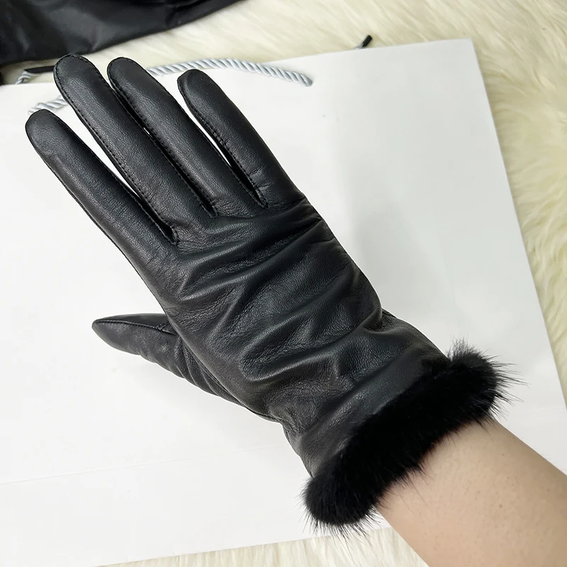 

Male And Female Mink Fur Gloves Sheepskin Velvet Lining Black Women's Leather Gloves Men's High-grade Mink Fur Motorcycle Gloves