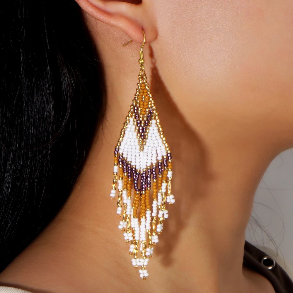 

1 Pair Boho Beaded Tassel Earrings for Women Handmade Long Dangle Tribal Jewelry Ethnic Style with Gold Accents