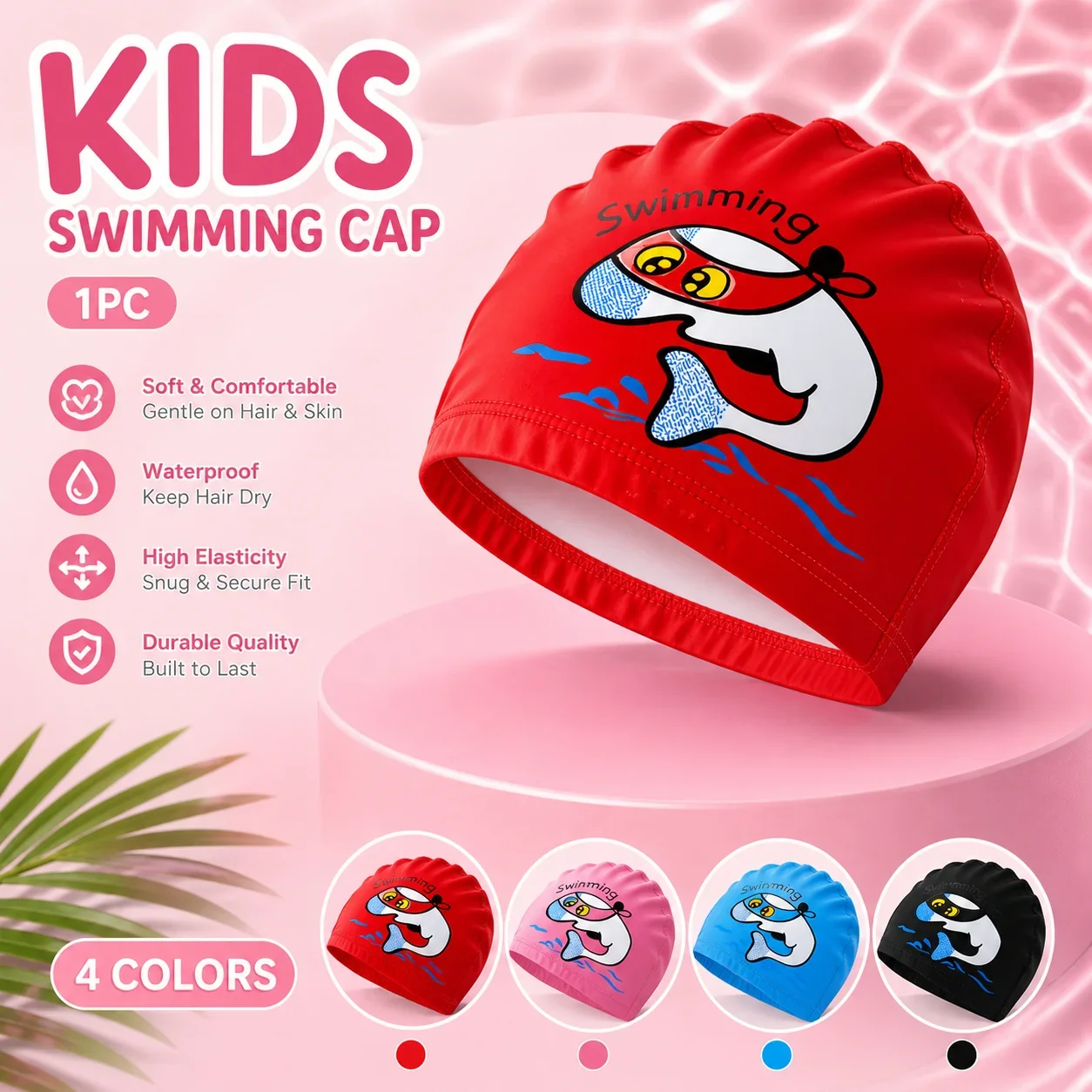 

New Cute Children's Swimming Cap Cartoon Animal Dolphin Swimming Cap, PU Material High Elastic, Protect Ears, Swimming Accessory