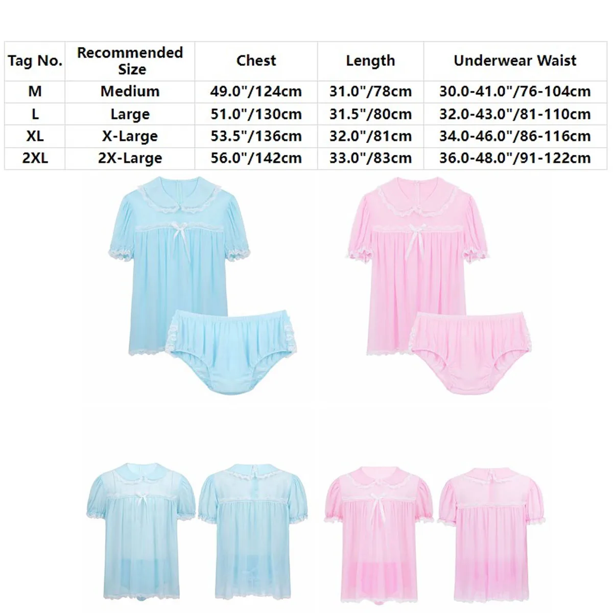 2Pcs Sissy Lingerie Mens Adults Doll Collar Short Puff Sleeve Frilly Dress with Ruffled Underwear Panties Crossdress Pajama Sets