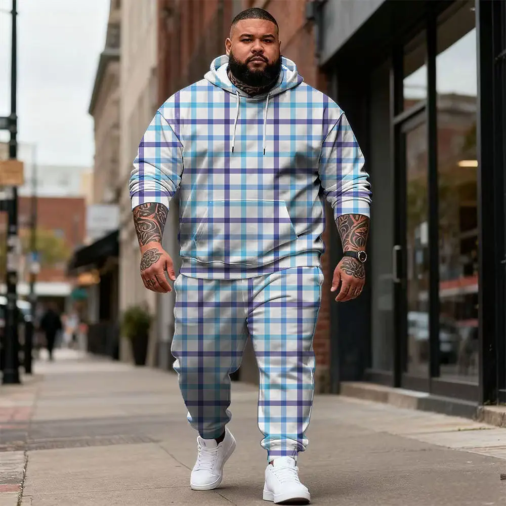 

S-9xl plus size Men's 2-Piece Hoodie Set in Plaid Design -Cozy, Trendy Outfit for Big & Tall Guys, Ideal for Spring Autumn Wear