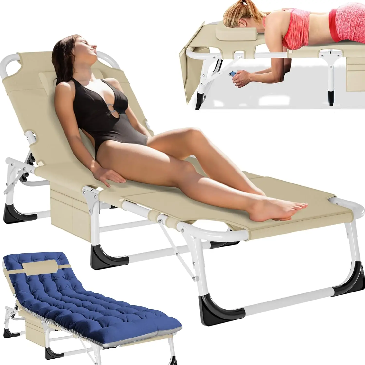 Tanning Chair, Outdoor Sunbathing Lounge Chair 5-Position, Folding Chaise Lounger, Sun Tanning Lounger with Face Hole, Perfect f