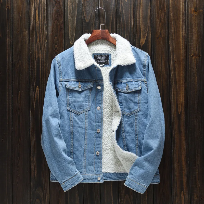 

MAIDANGDI Trendy Men Winter Light Colored Lamb Plush Denim Jacket Korean Oversized Jacket Plush and Thickened Top Y2K