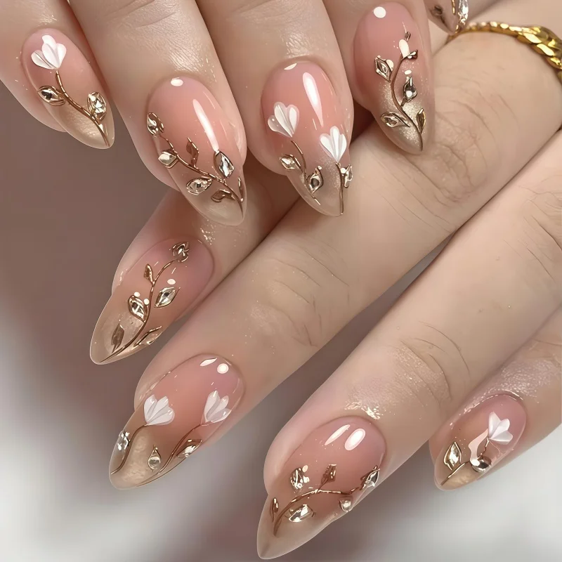 30PCS of medium-sized almond-shaped fake nails nude pink gradient 3D white magnolia golden branch-shaped fake nails