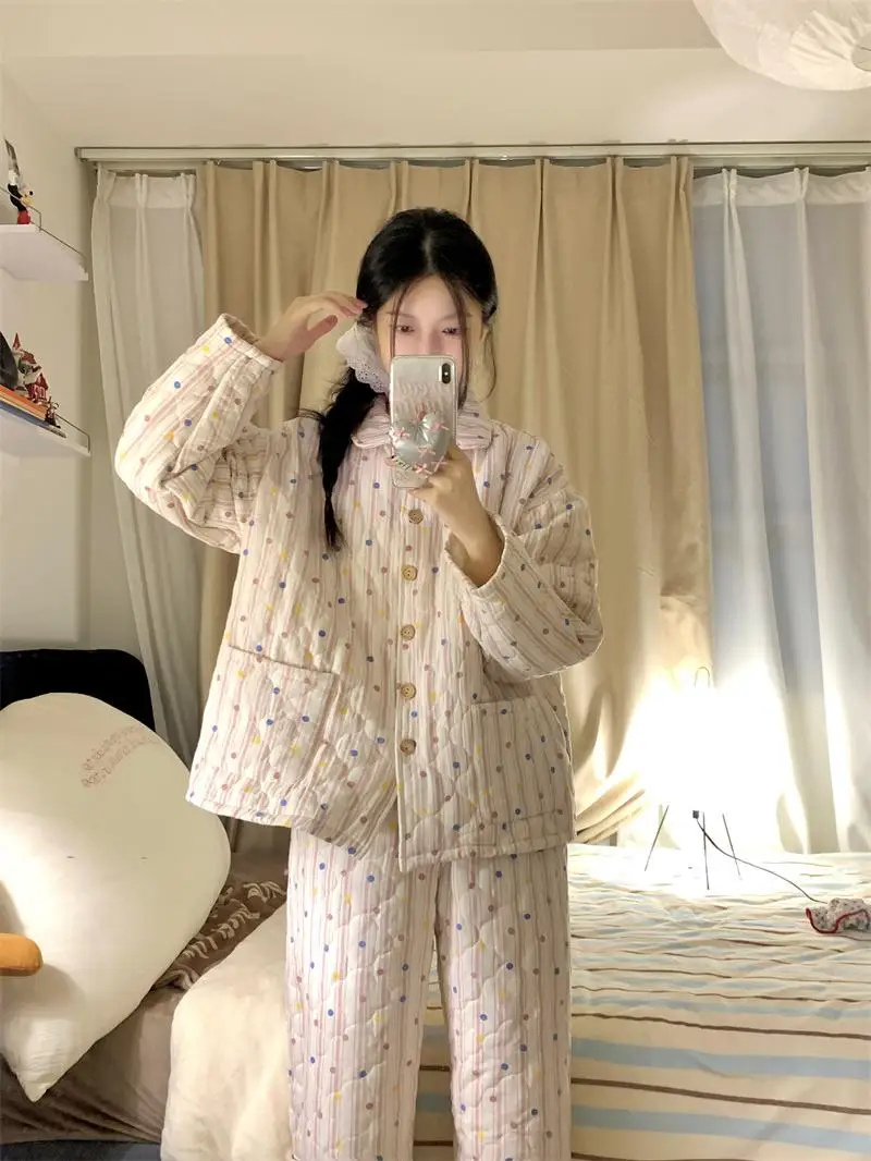 طقم ملابس منزلية نسائية من القطن السميك، ملابس منزلية غير رسمية دافئة للشتاء، طقم من قطعتين للطالبات، طباعة خريفية بأكمام طويلة