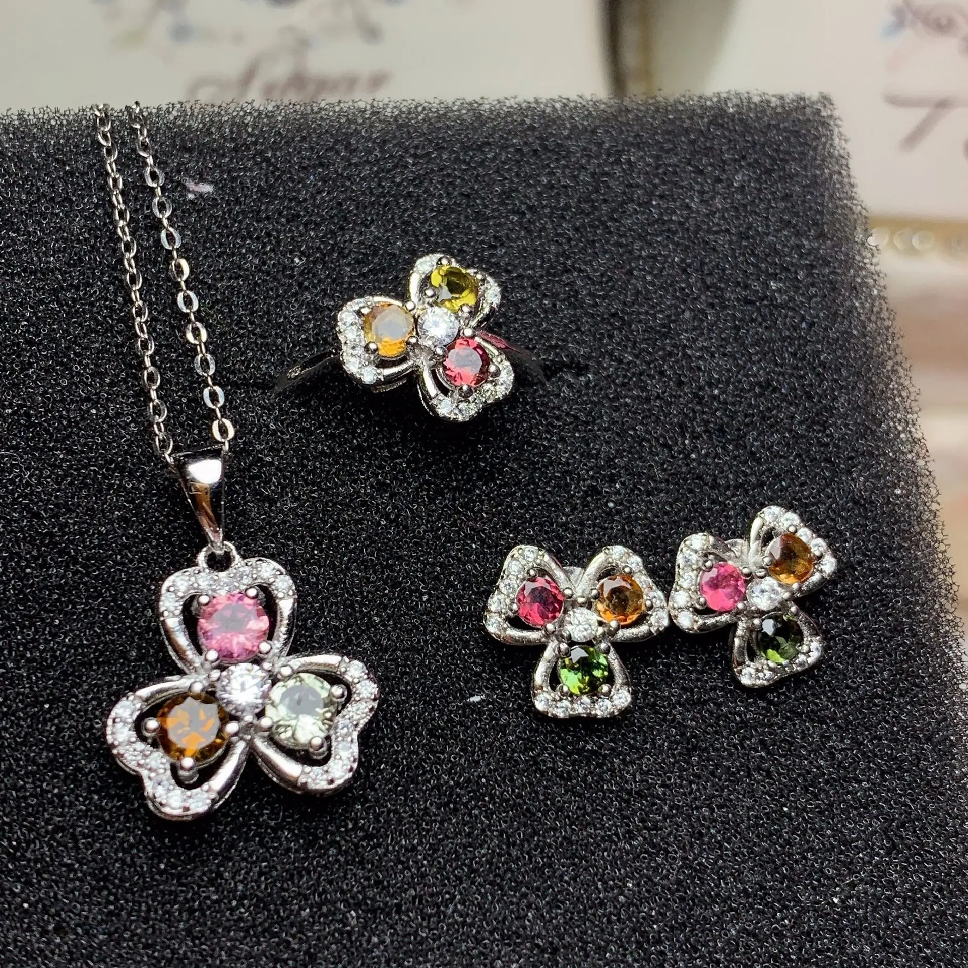 100% Natural Multicolor Tourmaline Jewelry Set 925 Silver Tourmaline Ring Earrings Pendant Fashiongemstone Jewelry Set for Party