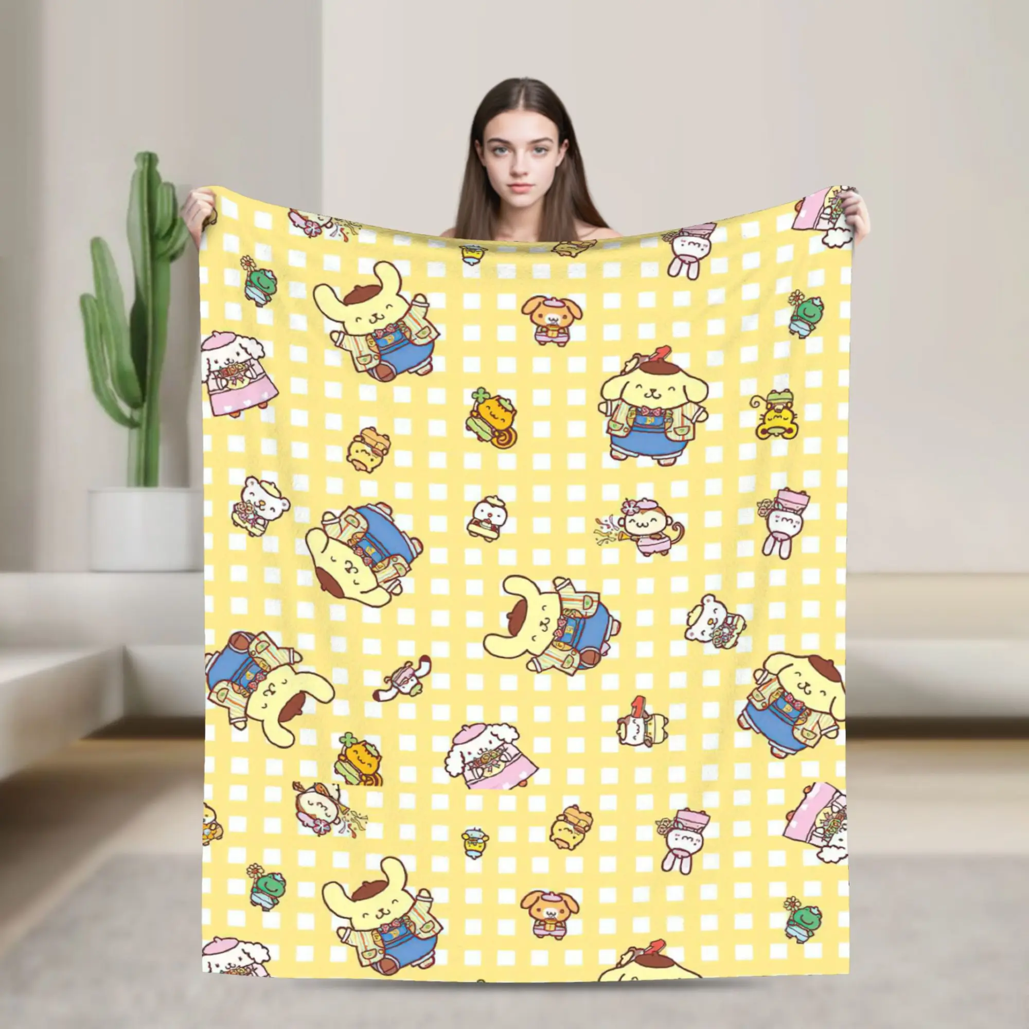 

Cute Pom Pom Purin Pattern Blankets Flannel Decoration Cartoon Portable Warm Throw Blankets for Home Car Quilt