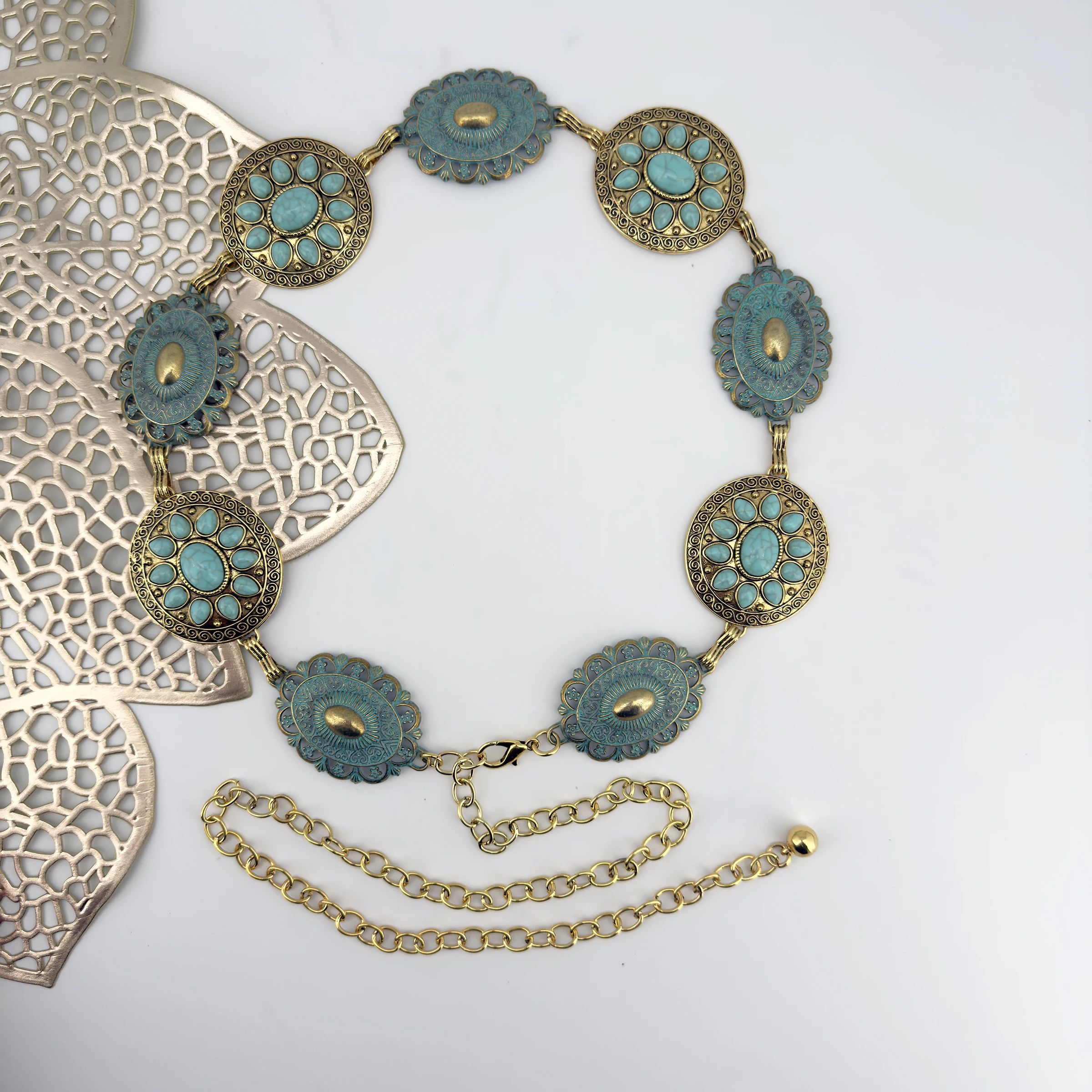 سلسلة خصر فيروزية للمجوهرات عبر الحدود للنساء؛ حزام عتيق من سبائك الزنك على الطراز البوهيمي العصري؛ متعدد الاستخدامات وأنيق