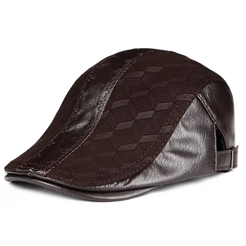 

Genuine Leather Boina Thin Print Geometry Berets Hats For Men Duckbill Leisure Black/Brown 54-61cm Fitted Cabbie Bonnet