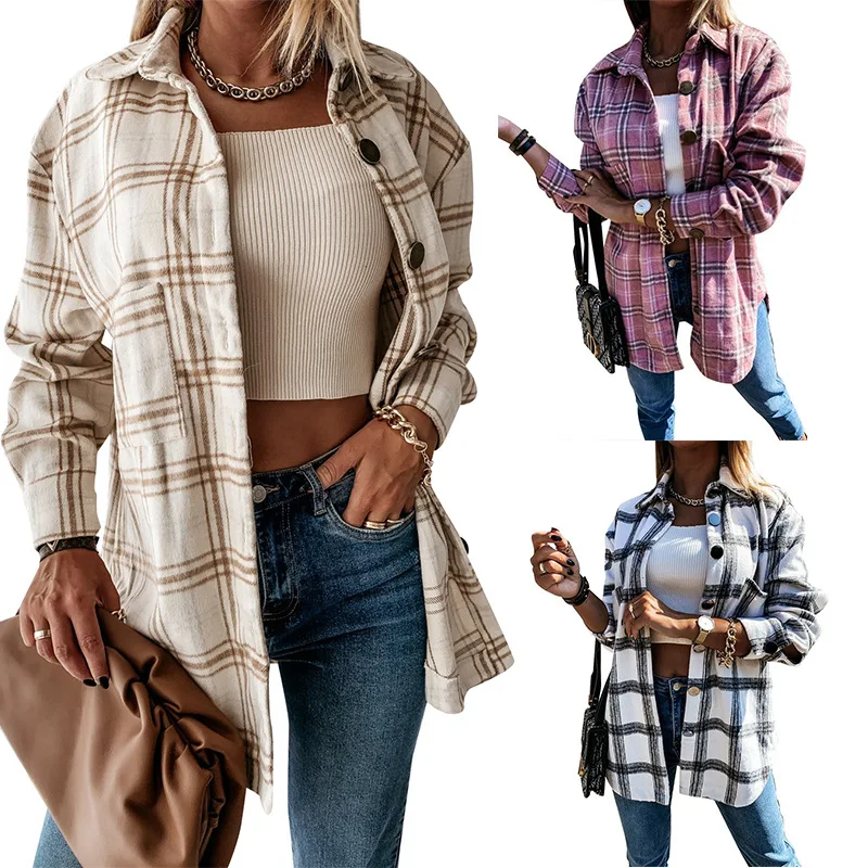 

Women's Plaid Shirt Coat - Oversized Mid-Length Wool Blend Jacket, Classic Button Front Long Sleeve Outerwear