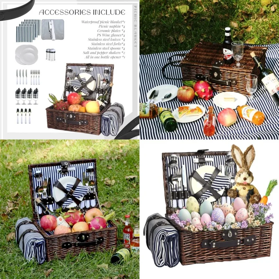 Cesta de Picnic para 4 Personas con Manta Impermeable, Bolsa Térmica, Mimbre Azul Marino, Estilo Vintage Clásico, Regalo para Navidad y Acción de Gracias