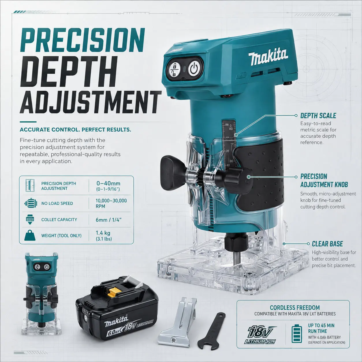 Bürstenloser Makita DRT52 18V LXT Oberfräser, leichtes Kompaktmodell für Holzkanten- und Schlitzarbeiten