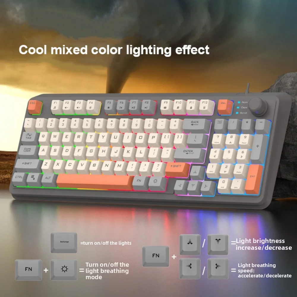 

Mechanical Feel Wired RGB Light Keyboard Adjustable Volume Mixed Color Design 94 Key RGB Keyboard Independent Knob Portable