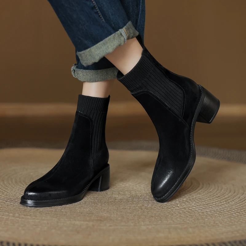 Autumn Women Boots Genuine Leather Shoes for Women Round Toe Chunky Heel Shoes Elastic Band Ankle Boots Concise Designer Boots